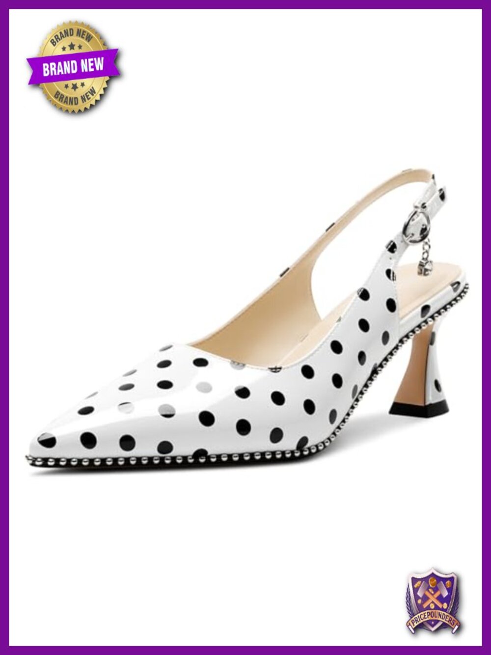 Kitten Heel Pointed Toe Pumps Beaded Slingback Slip-on Buckle Patent Leather